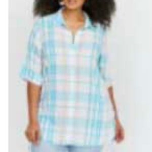 BLOUSE, AQUA PLAID, SIZE 24, ¾ SLEEVES, ACCENT LACES ON SIDES, HAS DARTS, L&L